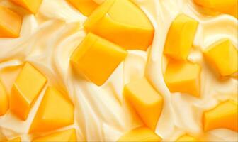 Yogurt with mango cubes, top view background photo
