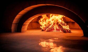Brick oven with open fire, background with copy space photo