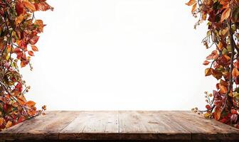 Autumn background concept, empty rustic wooden table with tree branches, isolated on white background photo