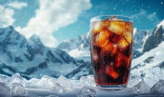 Cola glass on ice, snowy mountains background with copy space photo