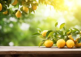 Wooden table and lemon tree branch with copy space photo