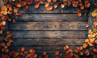 Autumn background concept, empty rustic wooden table with fall forest leaves, top view photo