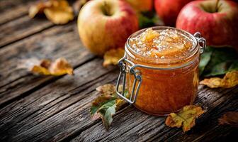 Apple jam in glass jar, rustic wooden background with copy space photo