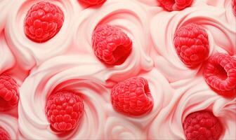 Raspberry yogurt with fresh berries, top view background photo