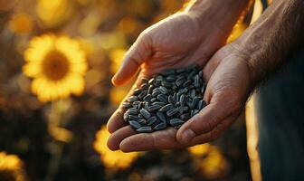 Close up of farmer's hands holding black sunflower seeds with copy space, sunflower field background photo