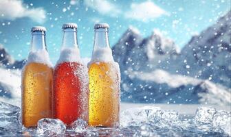 Different types of beer bottles on ice, snowy mountains background with copy space photo