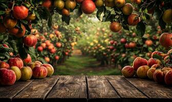 Empty wooden table and apple tree branches frame, fruit orchard background photo