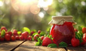 Strawberry jam in jar, fruit orchard background with copy space photo