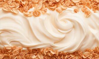 Oat flakes in yogurt, top view background with copy space photo