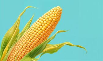 Corn cob close up, isolated on blue background with copy space photo