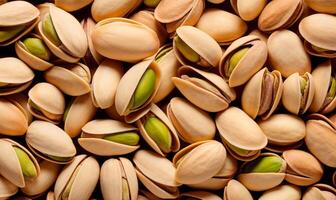 Pistachios background, top view, close up of pistachio nuts texture photo