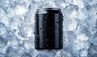 Blank black aluminum can, crushed ice background with copy space photo