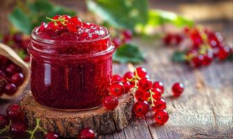Red currant jam in glass jar, rustic wooden background with copy space photo