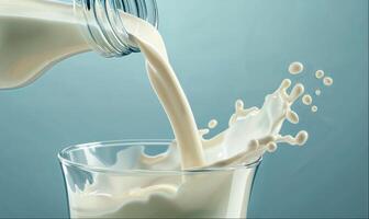 Milk pouring from bottle into glass with splash, copy space for text photo