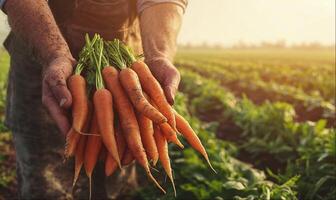 Freshly harvested carrots in the farmer's hands, farm field background with copy space photo