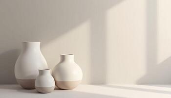 Three cream and white vases are arranged on a table. photo