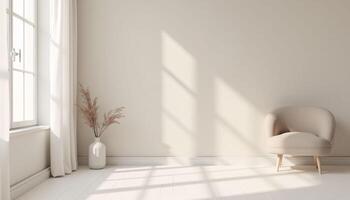 In the corner of the room, there is a white vase with a plant. photo
