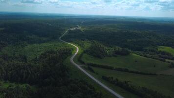 Panorama of country road with green forest. Clip. Top view of road and forest landscape on background of horizon with sky. Beautiful view of highway passing through forest area in summer video