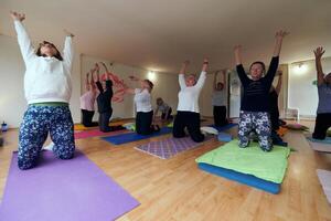 A group of senior women engage in various yoga exercises, including neck, back, and leg stretches, under the guidance of a trainer in a sunlit space, promoting well-being and harmony photo