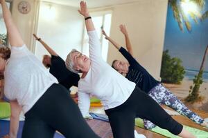 A group of senior women engage in various yoga exercises, including neck, back, and leg stretches, under the guidance of a trainer in a sunlit space, promoting well-being and harmony photo