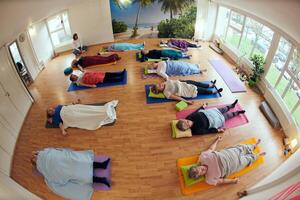A group of senior women engage in various yoga exercises, including neck, back, and leg stretches, under the guidance of a trainer in a sunlit space, promoting well-being and harmony photo