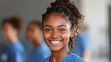 Woman, nurse and smile healthcare, medical or consultation and assistance. photo