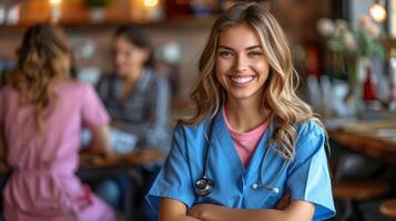 Woman, nurse and smile healthcare, medical or consultation and assistance. photo