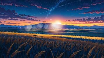 un sereno noche paisaje con un lleno luna, disparo estrellas, y un dorado trigo campo. el cielo es claro, creando un pacífico y mágico atmósfera video