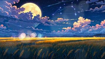 A serene night landscape with a full moon, shooting stars, and a golden wheat field. The sky is clear, creating a peaceful and magical atmosphere video