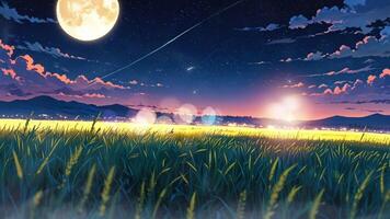 A serene night landscape with a full moon, shooting stars, and a golden wheat field. The sky is clear, creating a peaceful and magical atmosphere video