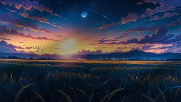 A serene night landscape with a full moon, shooting stars, and a golden wheat field. The sky is clear, creating a peaceful and magical atmosphere video