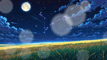 A serene night landscape with a full moon, shooting stars, and a golden wheat field. The sky is clear, creating a peaceful and magical atmosphere video