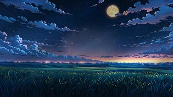A serene night landscape with a full moon, shooting stars, and a golden wheat field. The sky is clear, creating a peaceful and magical atmosphere video