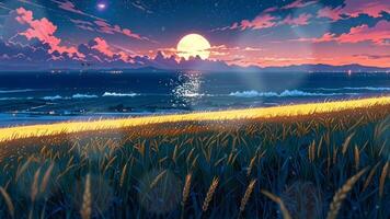 A serene night landscape with a full moon, shooting stars, and a golden wheat field. The sky is clear, creating a peaceful and magical atmosphere video