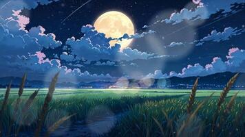 A serene night landscape with a full moon, shooting stars, and a golden wheat field. The sky is clear, creating a peaceful and magical atmosphere video