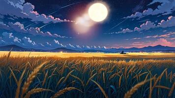 A serene night landscape with a full moon, shooting stars, and a golden wheat field. The sky is clear, creating a peaceful and magical atmosphere video