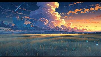 A serene night landscape with a full moon, shooting stars, and a golden wheat field. The sky is clear, creating a peaceful and magical atmosphere video