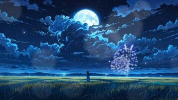 un sereno noche paisaje con un lleno luna, disparo estrellas, y un dorado trigo campo. el cielo es claro, creando un pacífico y mágico atmósfera video