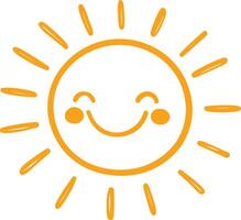 hand drawn sun icon with happy face in doodle style isolated on transparent background vector