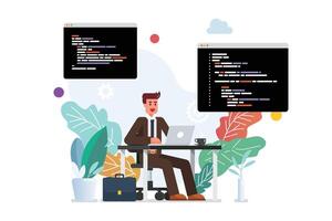 Male programmer writing code on laptop vector