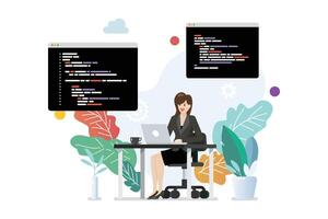 woman programmer writing code on laptop vector