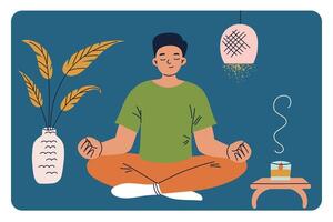 illustration of man sitting in meditative pose with serene expression. Practicing mindfulness, calming elements like incense candle, and indoor plant. Flat cartoon style, peaceful atmosphere vector
