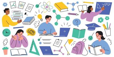 Educational illustration set in flat cartoon style. Students learning in class or at home, books, laptops, and study elements icons. School supplies collection. Learning and academic themes vector