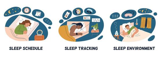illustration set of three sleep habits, sleep schedule, pulse tracking, and bedroom environment. Flat cartoon compositions of bedtime, rest, relaxation. For health and sleep hygiene themes vector