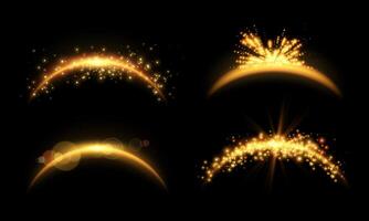 Orange magic arches set with glowing particles, sunlight lens flare. Neon realistic energy flare arch. Abstract light effect on a black background. vector