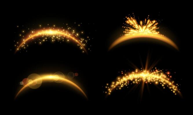 Orange magic arches set with glowing particles, sunlight lens flare. Neon realistic energy flare arch. Abstract light effect on a black background.