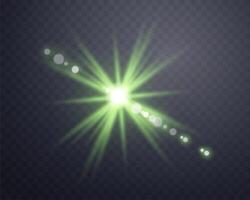 Green sunlight lens flare, sun flash with rays and spotlight. Glowing burst explosion vector