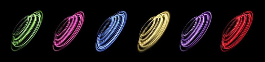 Glowing magic rings set. Neon realistic energy flare rings with sparkling particles. vector