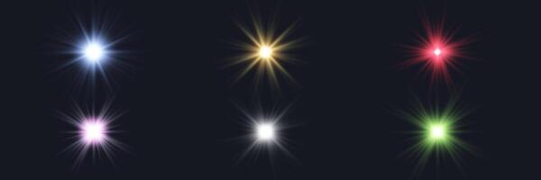 Different colors sunlight lens flare, sun flash with rays and spotlight. Glowing burst explosion vector