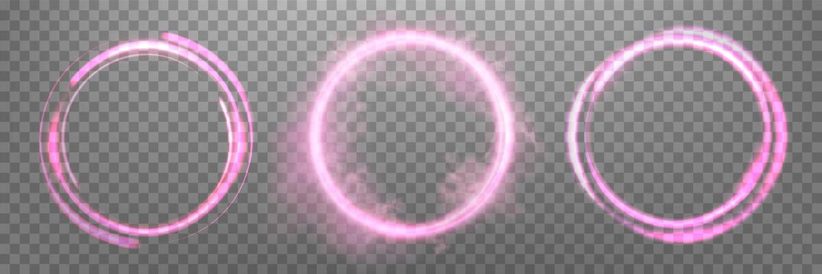 Glowing pink magic rings. Neon realistic energy flare halo rings. Abstract light effect
